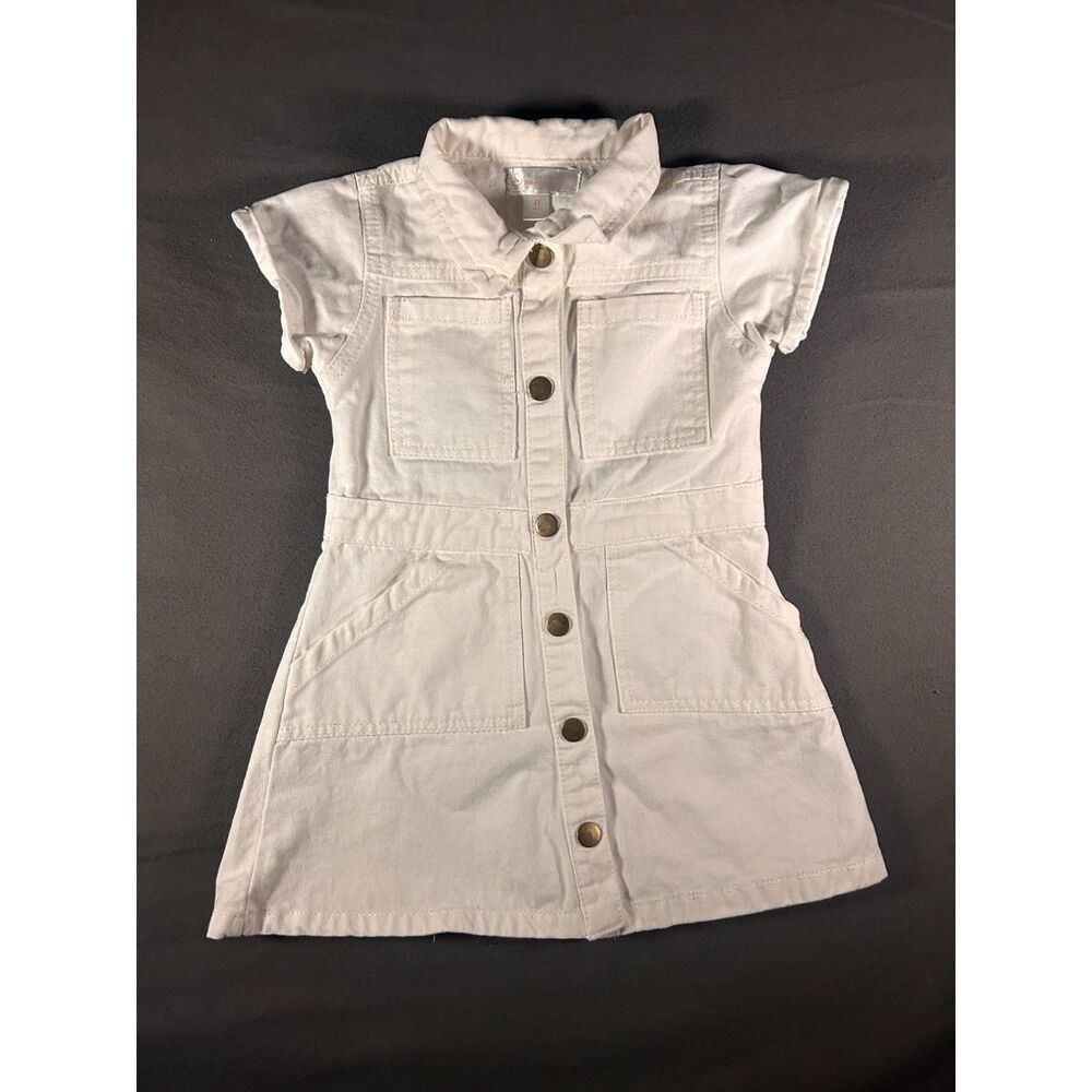 Nannette Toddler Girl White Denim Dress 4T Short Sleeve Button Front
